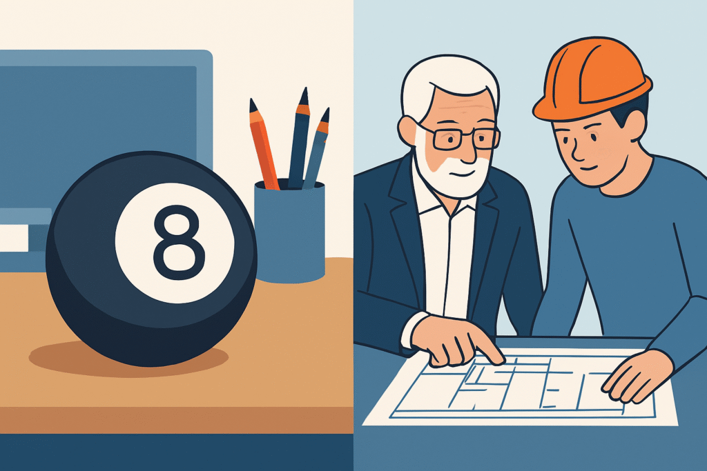 Illustration comparing a magic eight ball to an architect and apprentice reviewing plans.