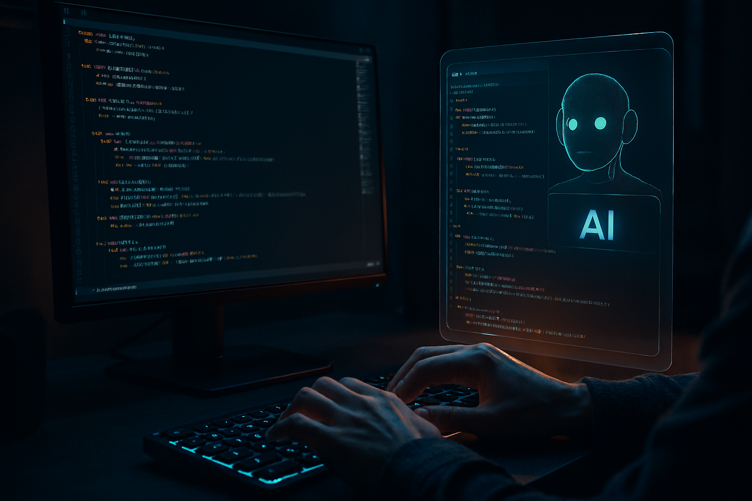 A developer using an AI pair programmer with a holographic code interface.