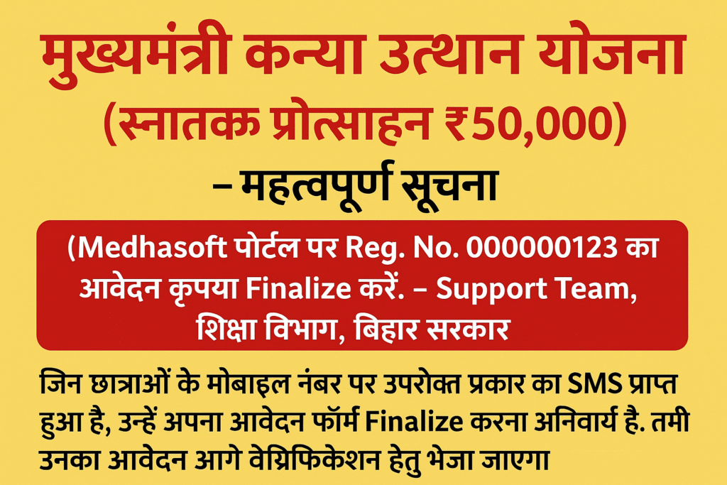 मुख्यमंत्री कन्या उत्थान योजना (स्नातक प्रोत्साहन ₹50,000) – महत्वपूर्ण सूचना